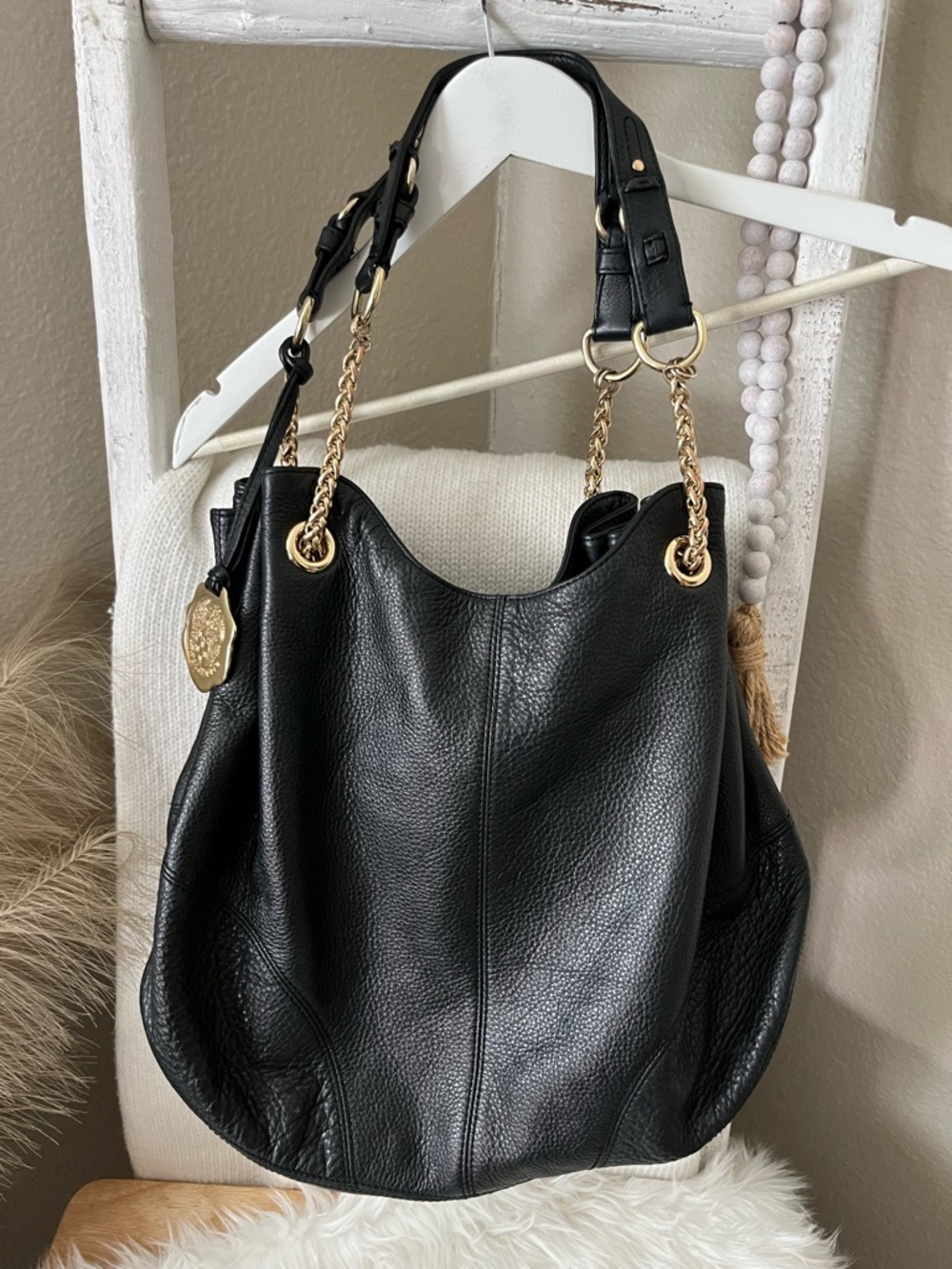 Vince Camuto Black Pebbled Leather Shoulder Bag with Gold Hardware